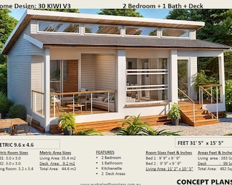Peut inclure: Plan de maison de deux chambres, le 30 KIWI V3, avec une terrasse, présenté en vue extérieure de jour. La maison a un extérieur gris clair avec un toit sombre et plusieurs fenêtres. Dimensions: 9,6 m x 4,6 m.