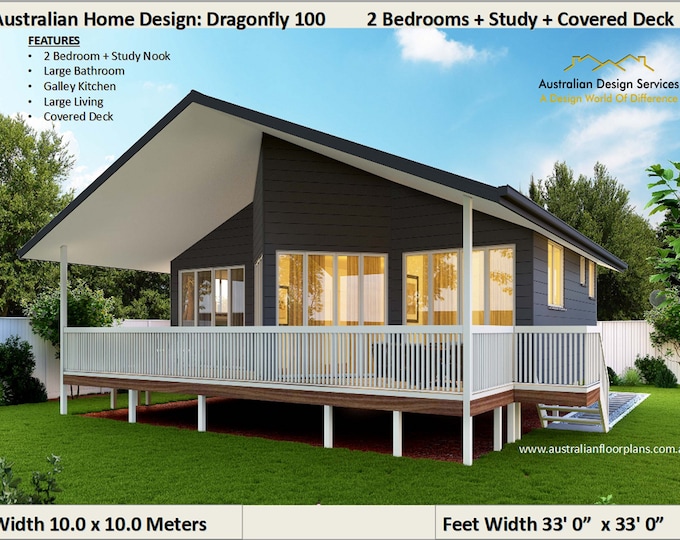 DIY Granny Flat 2 Bed + Study Small home design, Kit home Plans on timber floor | 100m2 or 1076 sq. foot | buy Floor plans online here
