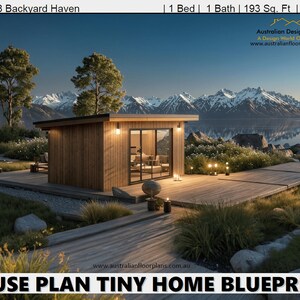 May include: A modern tiny home blueprint design, labeled "18 Backyard Haven," with a wooden exterior, glass doors, and a deck. The image shows a scenic view of mountains and water. The house plan is 18 m2.