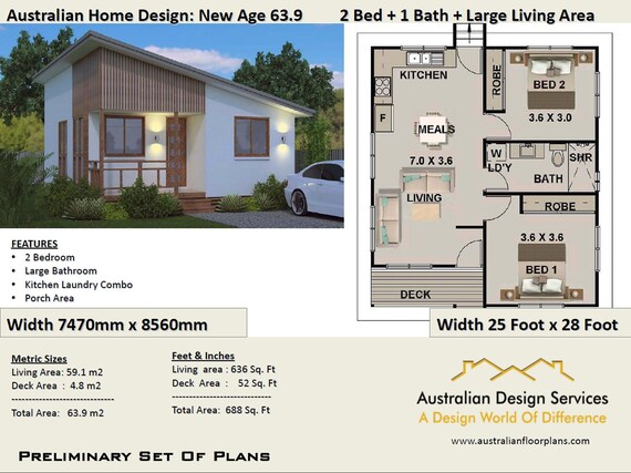 New Age Small House 2 Bedroom Granny Flat Living 59 1 M2 636 Sq Foot Small Tiny Home Skillion Roof Design House Plans Pdf Download