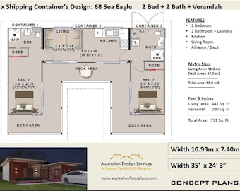 2 Bedroom Shipping Container Home: 68.0 m2 or 731 sq ft  | Shipping Container House Plans | Shipping Container Blueprints