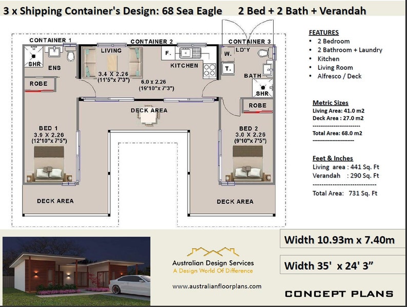 2 Bedroom Container Home 68 0 M2 Or 731 Sq Ft House Plans Blueprints