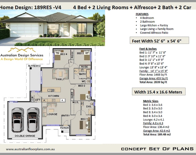 Modern 4 Bedroom House Plan | 4 bed + 2 bath Home Plans | 2100 Sq Feet / 189 m2