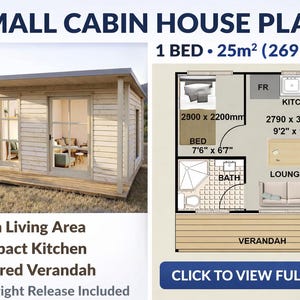 Może przedstawiać: Plan małego domku z 1 sypialnią, o powierzchni 25m². Obraz przedstawia widok zewnętrzny i szczegółowy plan z wymiarami w metrach i centymetrach. Tekst zawiera "Open Living Area" i "Compact Kitchen".