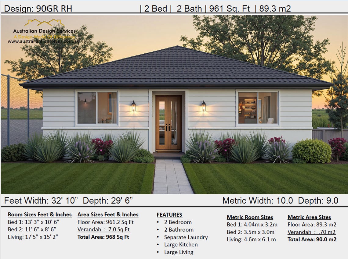 2 Bedroom House Plan – 968 Sq Ft / 90 Sq Meters | Small Home & Granny ...