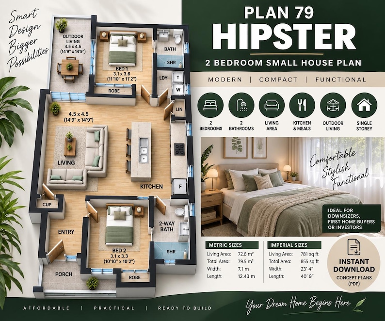 2 Bedroom Small House Plans | Modern Home Design | 2 Bath Floor Plan ...