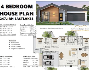 May include: Architectural rendering of a modern four-bedroom house plan, labeled "247.1RH EASTLAKES." The image includes a detailed floor plan with room dimensions in feet and inches, and a 3D exterior view of the house.