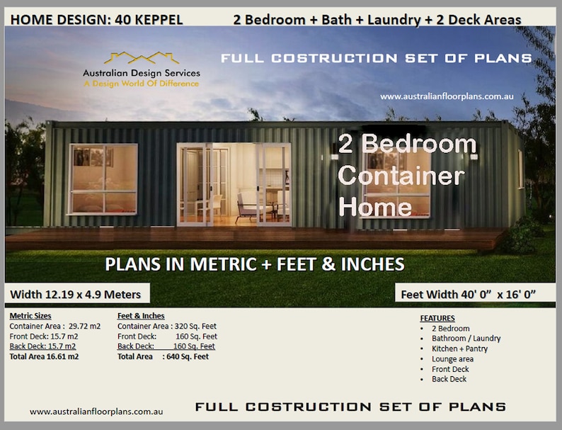 40 Foot 2 Bedroom Shipping Container Home Keppel Construction House Plans Blueprints USA feet & Inches Australian Metric Sizes Sale image 2