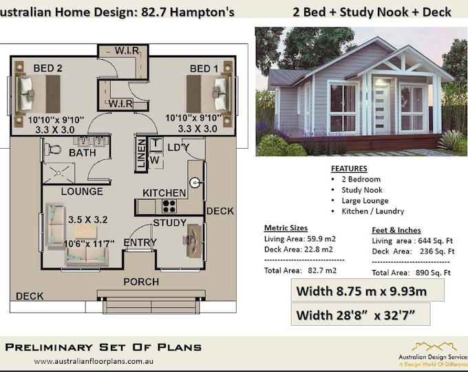 Small House Plan Australia, 2 bedroom small home design,2 Bed + Study granny flat, 2-bedroom House Plans