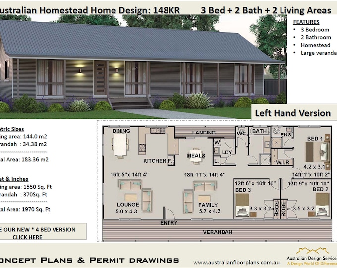 house plans 1550 Sq. Feet or 148m2  | 3 Bed Homestead House Plan  | 3 Bed Homestead floor plans  | 3 Bed Homestead  Ranch style