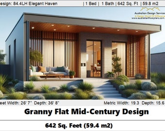 Granny Flat Mid-Century Design House Plans | 84.4LH Elegant Haven  - 642 square Feet (59.8 m2) Wheel-Chair Friendly