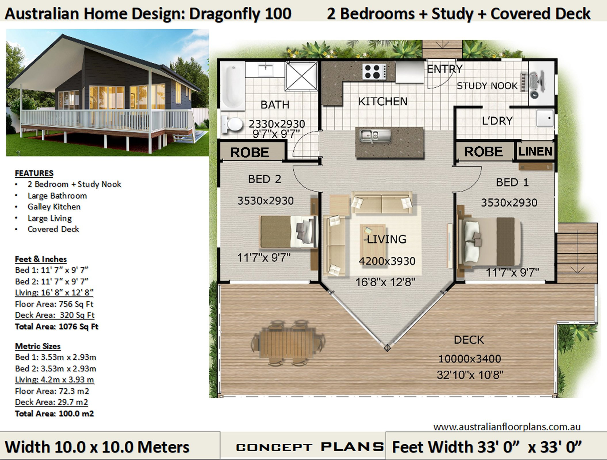 Granny Flat 2 Bedroom Home Plan 111 SBHLH 100 M2 1070 Sq. Foot Concept House  Plans for Sale 