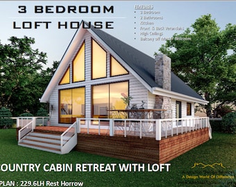 COUNTRY MANOR RETREAT - architectural Concept house plans | Modern Cabin w/ Loft inexpensive cottage plan Metric/feet and inches