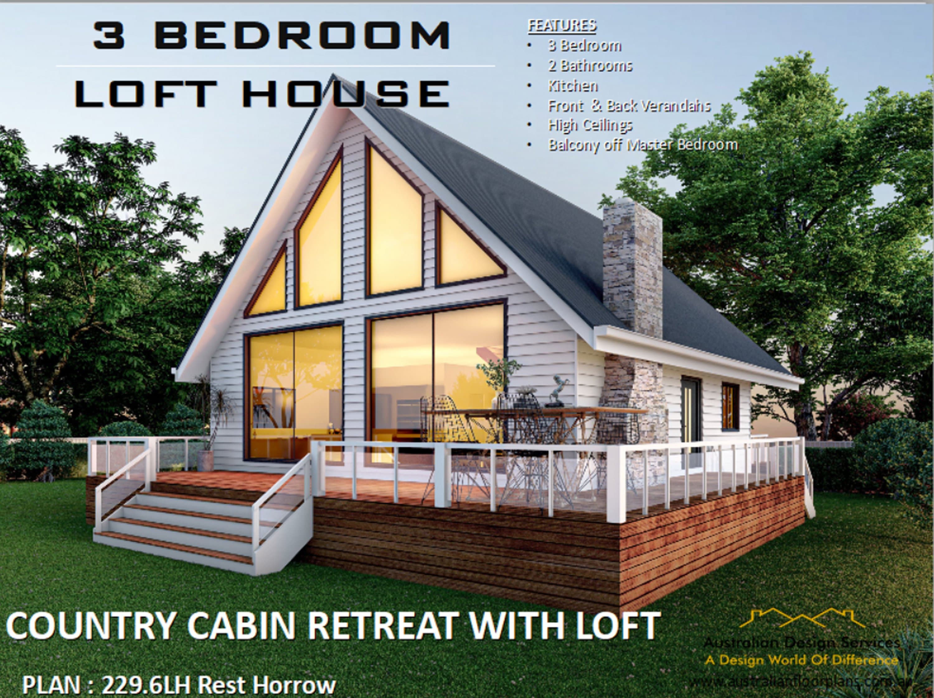 COUNTRY MANOR RETREAT - architectural Concept house plans | Modern Cabin w/ Loft inexpensive cottage plan Metric/feet and inches