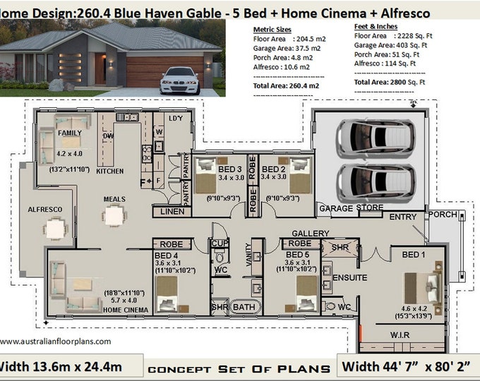 5 Bedroom house plans | 260.4 m2 or 2800 Sq. Feet | 5 Bedroom design Australia  | 5 bed floor plans | 5 bed blueprints | 5 Bed Home Design