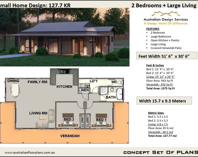 Ranch Style 2 Bedroom House Plan, 943 sq. feet or 87.6 m2 | 2 small home design, small home design, 2 Bedroom Granny, Concept House Plans