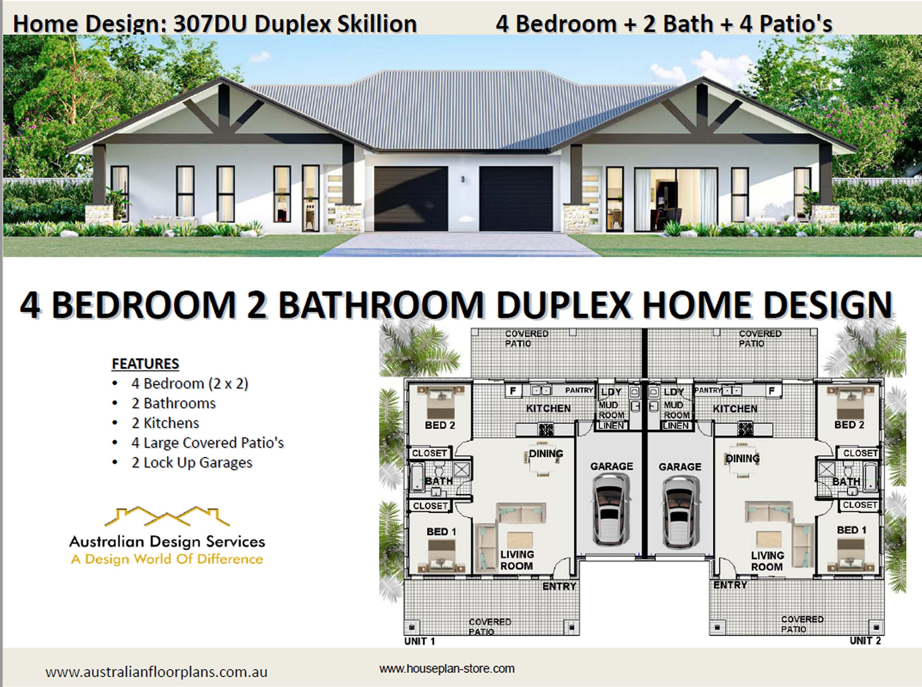 2 FAMILY DUPLEX4 Bed 2 Bath Modern Gable Design Duplex House Plans