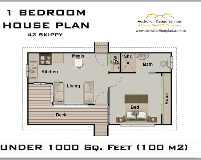 42 Skippy | 1 Bedroom house plan | 1 Bedroom Home Plan - Blueprints - Cheap to build House Plans for Sale