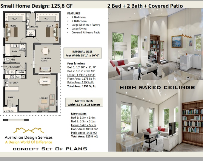 Modern Small 2 Bedroom 2 Bathroom House Design Under 1500 sq foot house plan or 109 .3 m2   | Cheap Construction Costs House Plans