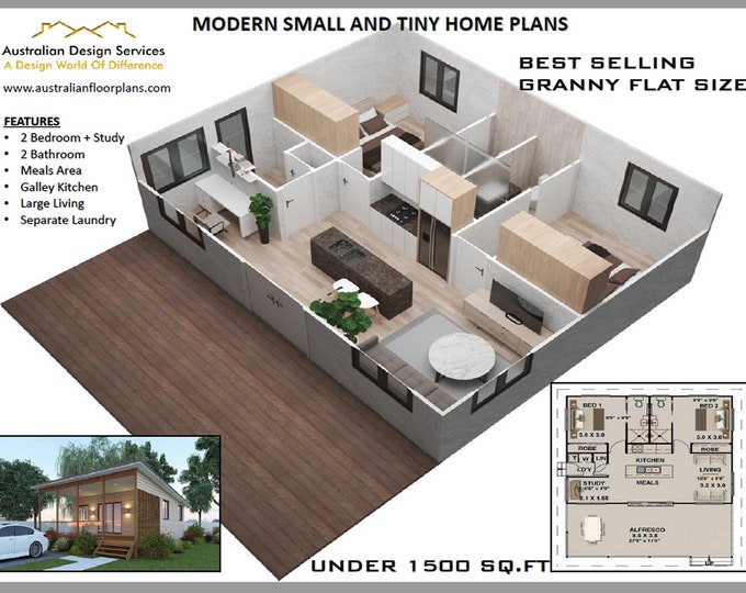 house plans under 1000 sq ft - 2 Bedrooms + 2 bathroom Granny Flat - Australia and USA Concept Plans house plans, small house plans