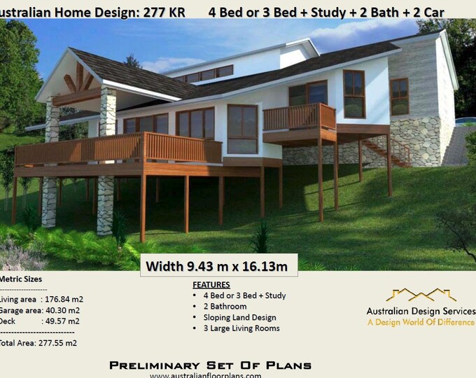 277m2 |  4 Bedrooms | Home Plan 4 bed | 3 or 4 bedroom plus double garage home plans | Steep slope house plans | Hillside house plans