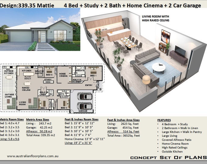 MODERN HOUSE PLANS -  339.35 m2 / 3652 Sq. Feet 4 Bedroom plus Study / Home Cinema / walk in pantry/ walk in Linen/ High Raked Ceiling