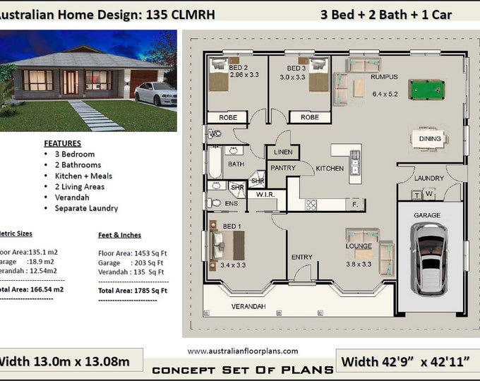 3 bedroom plans | 166m2 | 1785 Sq.Ft  | 3 Bedroom House Plans Australia | Country Style 3 Bed house plans| modern 3 Bed Concept house plans