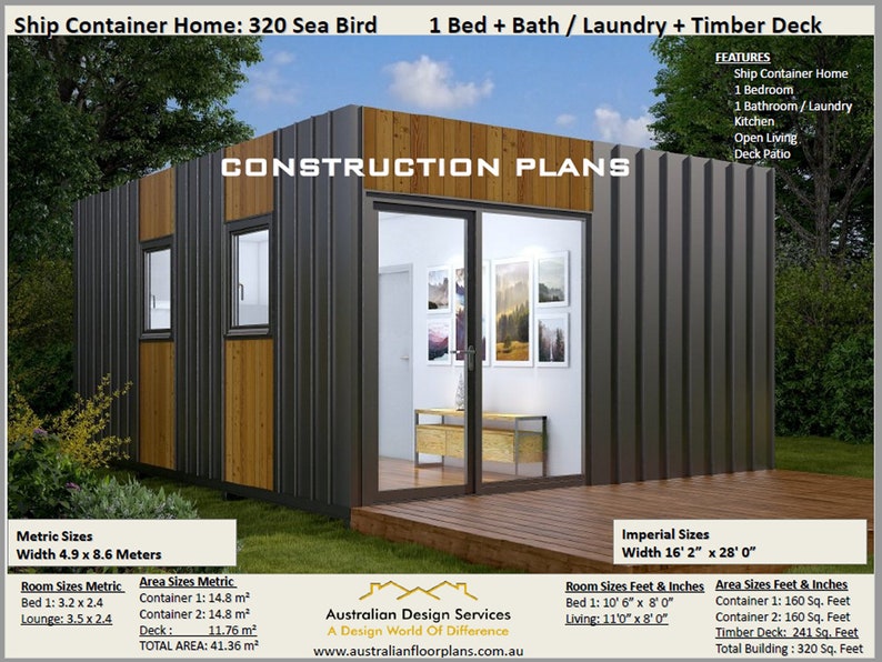 Set di piani di costruzione Piani di casa per container/ Soggiorno minimalista/ Casa container con 1 camera da letto più venduta/ Architettura sostenibile immagine 1