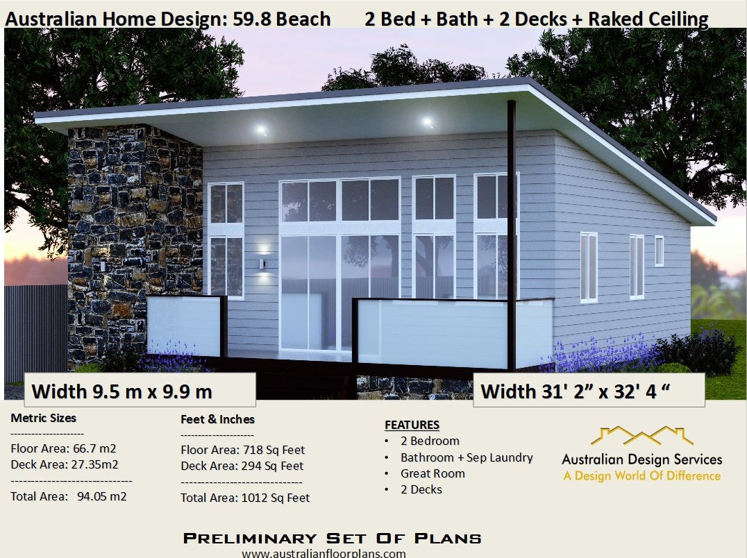 Easy Build Kit Home House Plan For Sale 2 Bedroom Raked Etsy