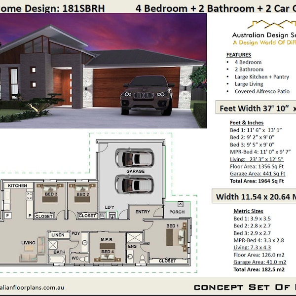 Narrow Lot 1356 sq feet or 126m2 | 4 Bedroom | 4 bed House plan | 4 bedroom home design | Modern home design | House plans For Sale