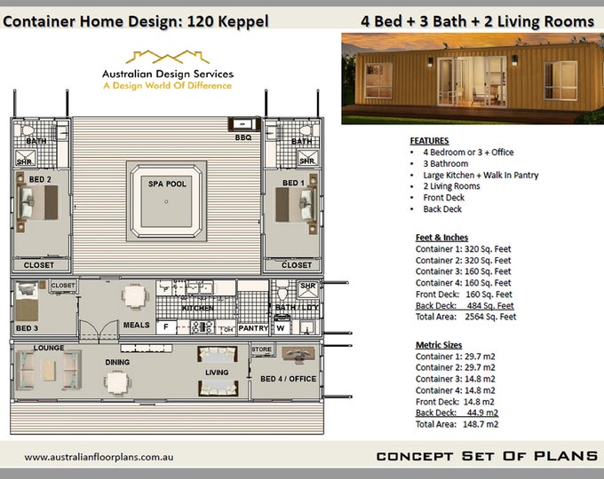 4 Bedroom 3 Bath Shipping Container Home 120 Keppel | Concept House Plans | Blueprints USA  feet & Inches- Metric Sizes