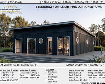 Build Plan#2736 Oasis: Piani di case in container per spedizioni più votati, 3 camere da letto, ufficio e 2 bagni / Progetti preferiti per case in container
