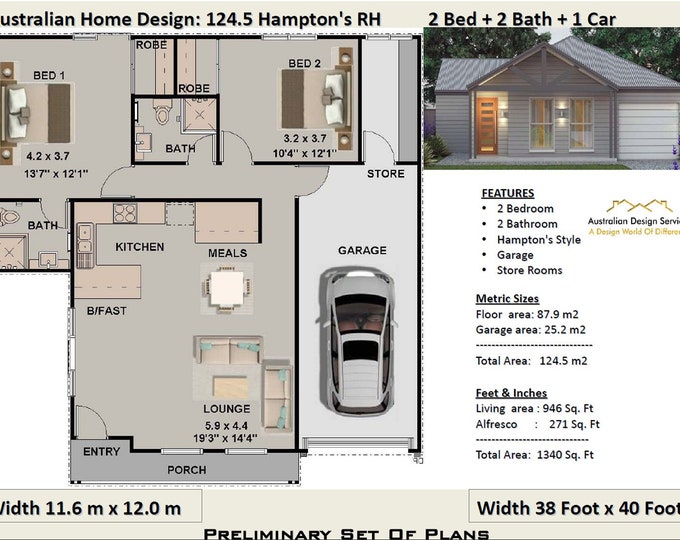 2 Bedroom House Plans | home design | 2 bedroom contemporary ranch house plans | Concept House Plan for sale 124.5 m2 | 1340 sq feet |