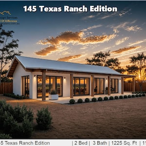 May include: Exterior view of a modern ranch-style house with a white exterior, a white roof, and wooden support beams. The house has large glass doors and windows. The text "145 Texas Ranch Edition" is at the top.