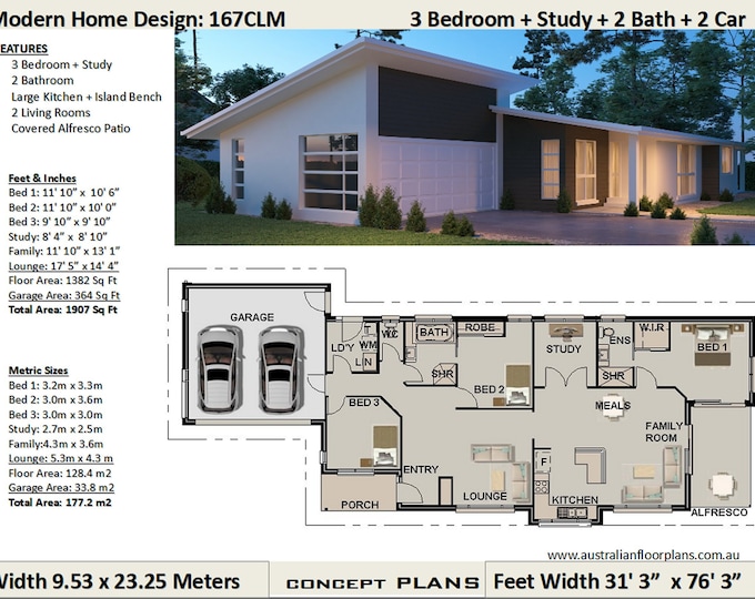 Narrow Land house plans | 3 Bedroom + Study house plans | Double Garage | Home Plans | 3 bed floor plans | small land house plan