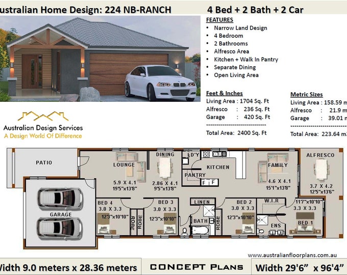 223.0 m2 or 2400 Sq.Foot  | 4 Bed 2 Bath | narrow lot | study nook  | 4 Bedroom australian floor plans | house designs | House Plan