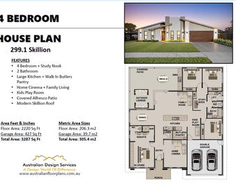 May include: A house plan layout with a modern exterior rendering. The plan features a 4-bedroom layout with a study nook, two bathrooms, a large kitchen, and a home cinema. The total area is 3287 sq ft.