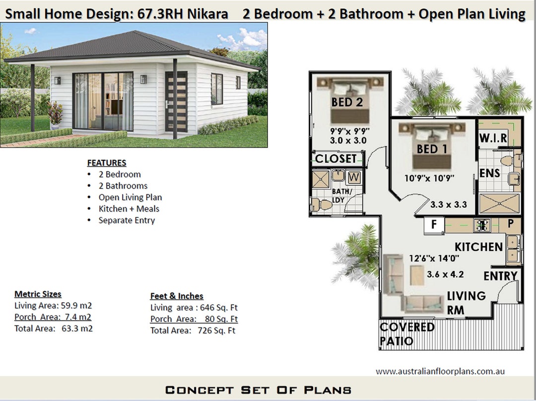 59 9m2 Or 646 Sq Foot Modern 2 Bedroom 2 Bathroom House Plan small And how-to-convert-square-meter-to-square-feet-sqm-to-sqft-m2-to-ft2