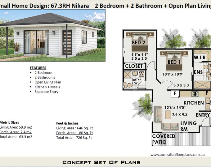 59.9m2 or 646 sq foot - Modern 2 Bedroom 2 Bathroom house plan/Small and Tiny House Plans/metric Under 800 sq foot house plans / Granny Flat