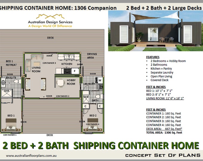 2 Bedroom 2 Bathroom Shipping Container house plans 1306 SQ. FOOT | House Plans  Container  home | 4 x 20 Foot Container Home Concept Plans