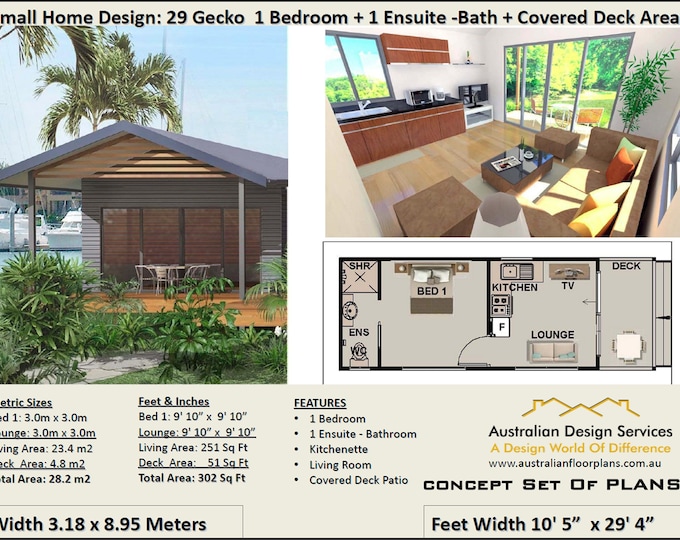 300sq foot house plan or 28.2 m2   | 1 Bedroom + 1 Ensuite house plan 29 Gecko |  Small & Tiny House Plans  | Park Cabins | Granny Flats