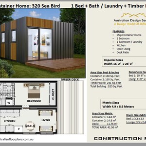Set di piani di costruzione Piani di casa per container/ Soggiorno minimalista/ Casa container con 1 camera da letto più venduta/ Architettura sostenibile immagine 2
