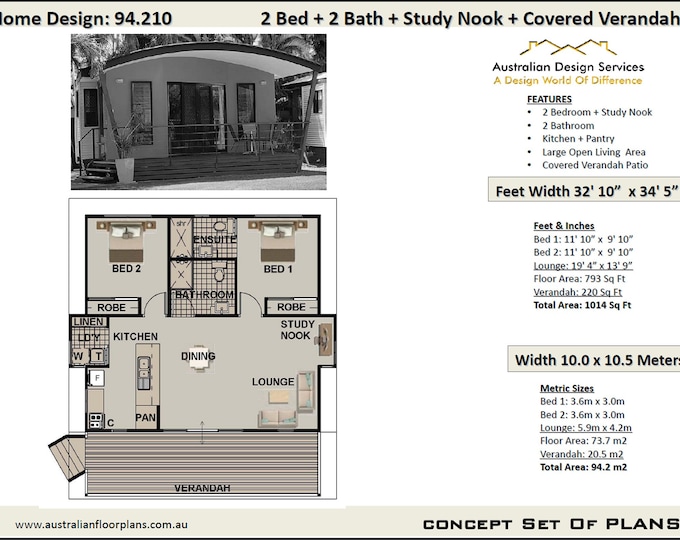 Small House Design - 94.210 Granny Pod -73.7 m2 or 793 Sq Feet /  2 Bedrooms + 2 bathroom Granny Flat House - Concept House Plans For Sale