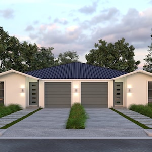 Könnte beinhalten: Ein weißes Doppelhaus mit einem grauen Dach und zwei grauen Garagentoren. Das Haus hat eine Betonauffahrt und eine Gartenanlage mit grünem Rasen und Büschen.