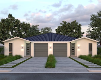 Op de afbeelding: Een wit dubbelhuis met een grijs dak en twee grijze garagedeuren. Het huis heeft een betonnen oprit en een tuin met groen gras en struiken.