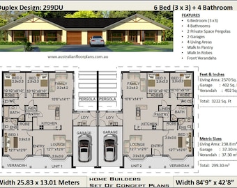 Op de afbeelding: Plattegrond voor een duplex woningontwerp met 6 slaapkamers, 4 badkamers, 2 garages en 2 pergola's. De plattegrond toont de indeling van elke unit, inclusief slaapkamers, badkamers, keuken, woonruimtes en buitenruimtes. De plattegrond bevat ook afmetingen in voet en inch.