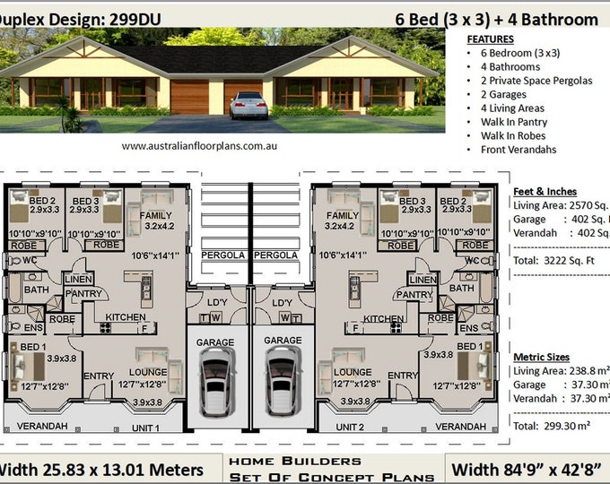 semi-detached house / duplex house plans | 6 Bedrooms duplex design | two-family home plans | twin home