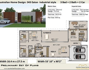 May include: Floor plan for a 3 bedroom, 2 bathroom house with a 2 car garage. The plan shows a living room, family room, kitchen, dining room, lounge, and bedrooms. The house is 53'10" x 90'2" and 16.4 m x 27.5 m.