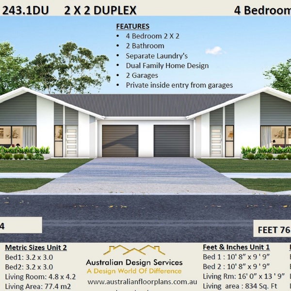Multi Family Duplex House Plans/ 4 Bedroom Home/ modern duplex | #Multi Family  Duplex | #dual #duplex design #Concept House Plans for Sale
