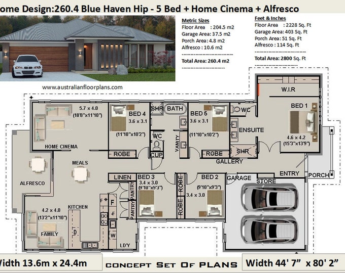 5 Bed house plans Australia | 260.4 m2 or 2800 Sq. Feet | 5 Bedroom design | 5 bed floor plans | 5 bed blueprints | 5 Bedroom Home Design